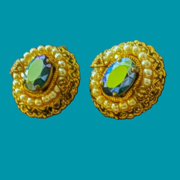 Unique Vintage Jewelry - Vintage Gemstone Pearl and Gold West Germany Made Clip-On Earrings EUC